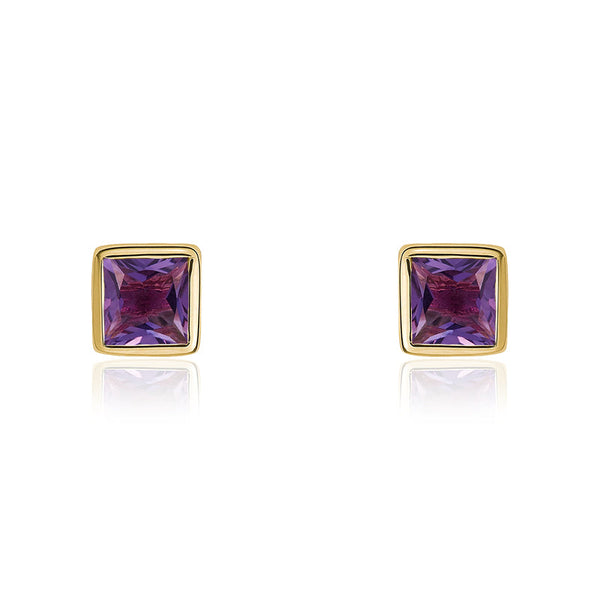 9ct Yellow Gold Amethyst Princess Cut 3mm Stud Earrings. 03-20-157.