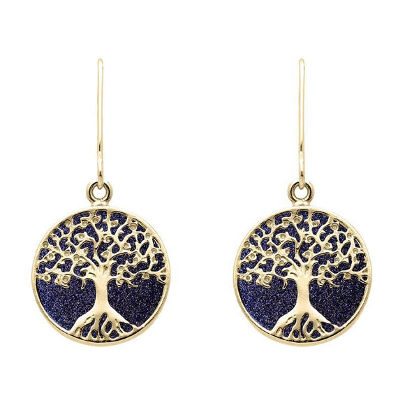 9ct Yellow Gold Blue Goldstone Round Tree of Life Drop Earrings, E2429.