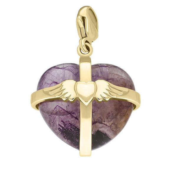 9ct Yellow Gold Blue John Large Winged Cross Heart Charm G583