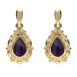 9ct Yellow Gold Blue John Pear Shaped Leaf Drop Earrings, E083.