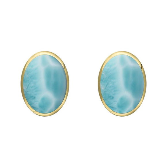 9ct Yellow Gold Larimar 8 x 6mm Classic Medium Oval Stud Earrings, E006.