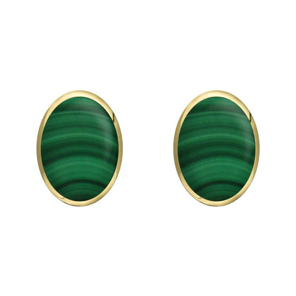 9ct Yellow Gold Malachite 8 x 6mm Classic Medium Oval Stud Earrings, E006.