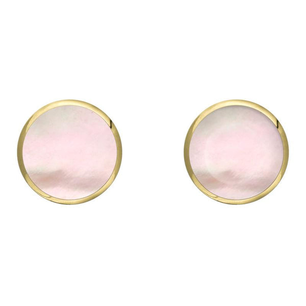 9ct Yellow Gold Pink Mother of Pearl 8mm Classic Large Round Stud Earrings, e004.