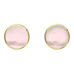 9ct Yellow Gold Pink Mother of Pearl 8mm Classic Large Round Stud Earrings, e004.