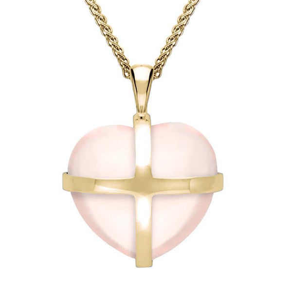 9ct Yellow Gold Rose Quartz Medium Cross Heart Necklace, P1543.