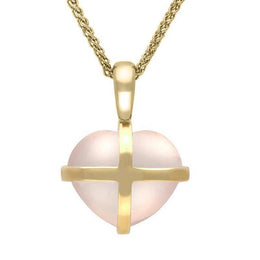 9ct Yellow Gold Rose Quartz Small Cross Heart Necklace P1544