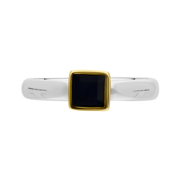9ct Yellow Gold Sterling Silver Whitby Jet Stepping Stones 5mm Square Bezel Set Ring. R576_3