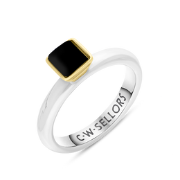 9ct Yellow Gold Sterling Silver Whitby Jet Stepping Stones 5mm Square Bezel Set Ring. R576