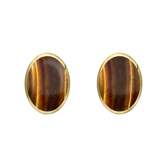 9ct Yellow Gold Tigers Eye 7 x 5mm Classic Small Oval Stud Earrings, E005.