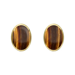 9ct Yellow Gold Tigers Eye 7 x 5mm Classic Small Oval Stud Earrings, E005.