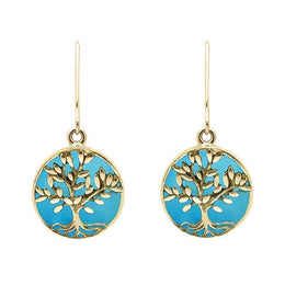9ct Yellow Gold Turquoise Round Large Leaves Tree of Life Two Piece Set, S062.