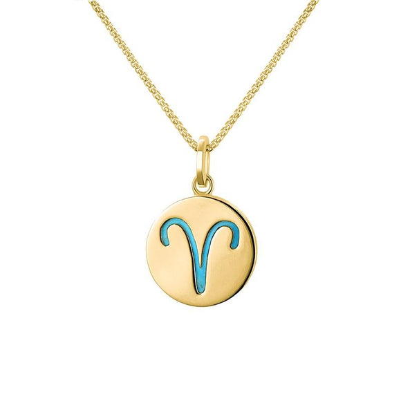9ct Yellow Gold Turquoise Zodiac Aries Round Necklace, P3600.