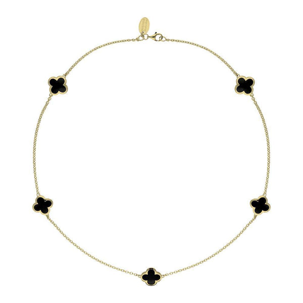 9ct Yellow Gold Whitby Jet Bloom Four Leaf Clover Long Necklace, N1128.