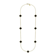 9ct Yellow Gold Whitby Jet Bloom Four Leaf Clover Long Necklace, N1129.