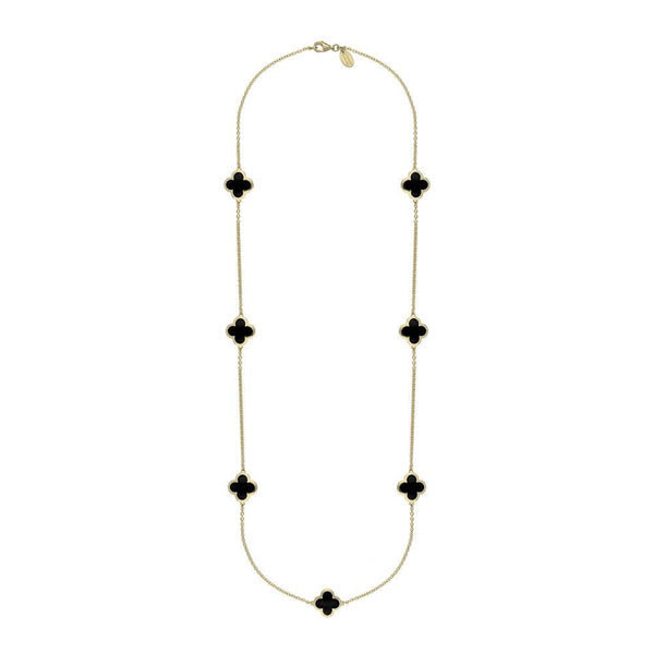 9ct Yellow Gold Whitby Jet Bloom Four Leaf Clover Long Necklace, N1129.