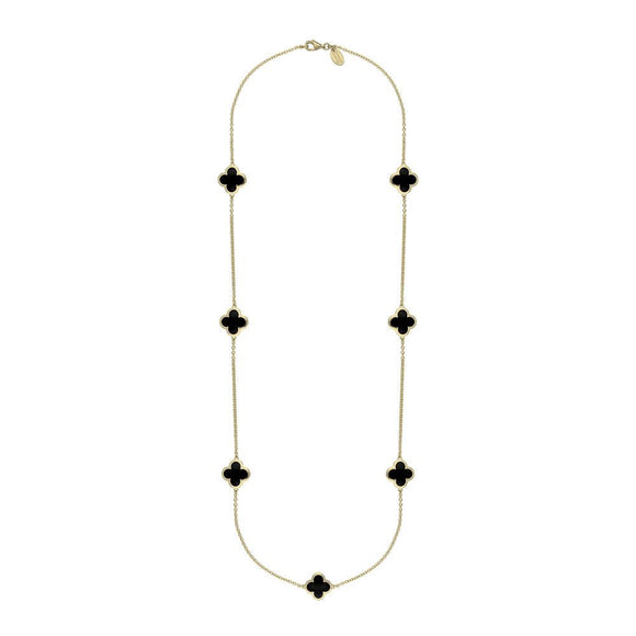 9ct Yellow Gold Whitby Jet Bloom Four Leaf Clover Long Necklace, N1129.