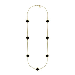 9ct Yellow Gold Whitby Jet Bloom Four Leaf Clover Long Necklace, N1129.