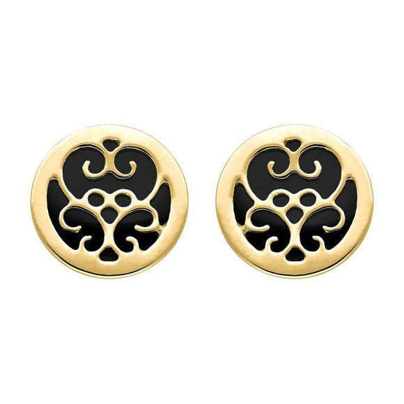 9ct Yellow Gold Whitby Jet Flore Filigree Stud Earrings, E1782