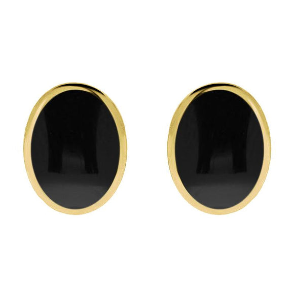 9ct Yellow Gold Whitby Jet Oval Flat Omega Stud Earrings. E084.