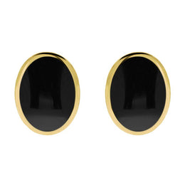 9ct Yellow Gold Whitby Jet Oval Flat Omega Stud Earrings. E084.