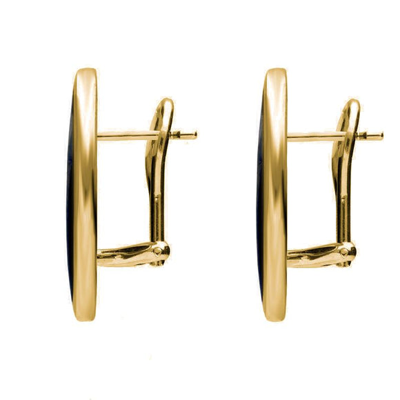 9ct Yellow Gold Whitby Jet Oval Flat Omega Stud Earrings. E084.