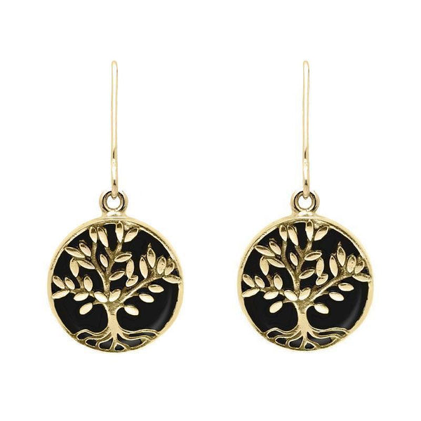 9ct Yellow Gold Whitby Jet Round Large Tree of Life Leaves Drop Earrings, E2427.