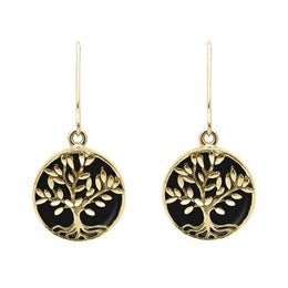 9ct Yellow Gold Whitby Jet Round Large Tree of Life Leaves Drop Earrings, E2427.