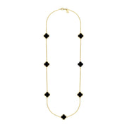 9ct Yellow Gold Whitby Jet Bloom Seven Stone Four Leaf Clover Chain Necklace, N1040.