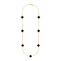 9ct Yellow Gold Whitby Jet Bloom Seven Stone Four Leaf Clover Chain Necklace, N1040.