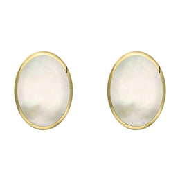 9ct Yellow Gold White Mother of Pearl 8 x 10mm Classic Large Oval Stud Earrings, E007.