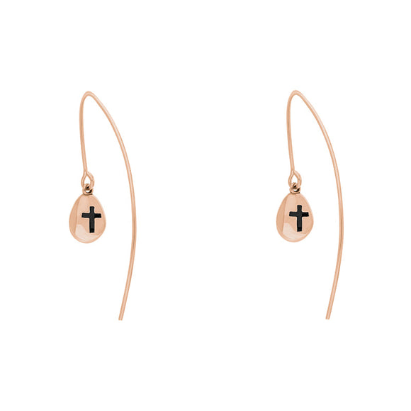 9ct Rose Gold Whitby Jet Cross Disc Drop Earrings, E1374.