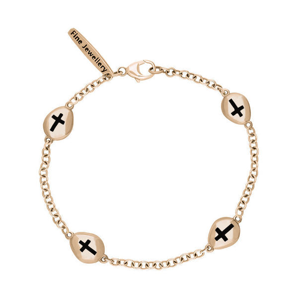 9ct Rose Gold Whitby Jet Oval Cross Detail Four Stone Bracelet, B799.