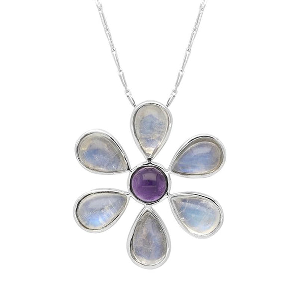 9ct White Gold Amethyst Moonstone Six Petal Flower Necklace PUNQ0001239