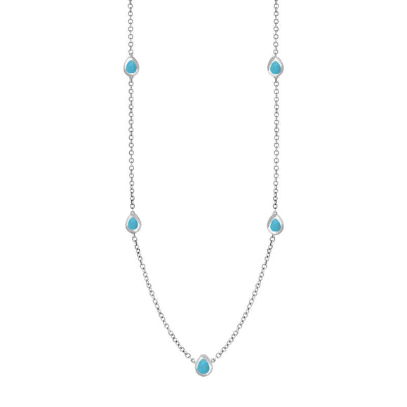 9ct White Gold Turquoise Fleur De Lis Link Disc Chain Necklace, N747.
