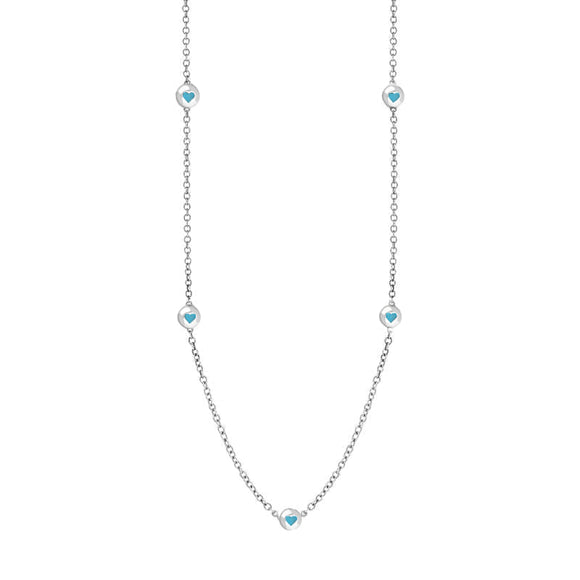 9ct White Gold Turquoise Heart Link Disc Chain Necklace, N746.