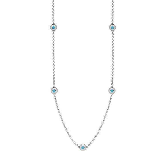 9ct White Gold Turquoise Star Link Disc Chain Necklace, N744.