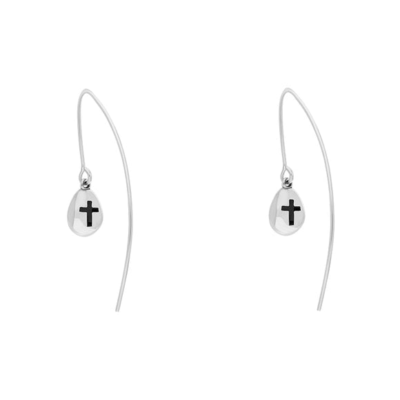 9ct White Gold Whitby Jet Cross Disc Drop Earrings, E1374.