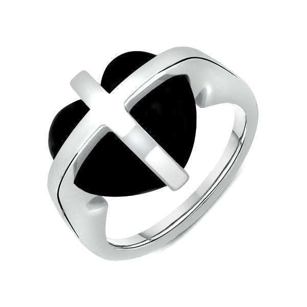 9ct White Gold Whitby Jet Cross Heart Ring R628 