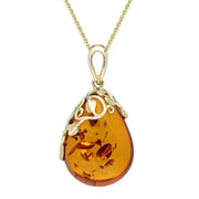 9ct Yellow Gold Amber Pear Leaf Necklace, P3476.