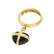 9ct Yellow Gold Blue Goldstone Small Cross Heart Dropper Ring, R641.