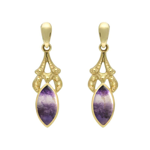 9ct Yellow Gold Blue John Marquise Drop Earrings. E075.