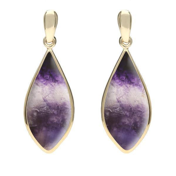 9ct Yellow Gold Blue John Pointed Pear Drop Earrings. E218.