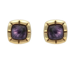 9ct Yellow Gold Blue John Ridged Cushion Stud Earrings E1905