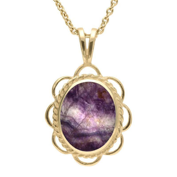 9ct Yellow Gold Blue John Rope Edged Oval Frill Necklace, P037