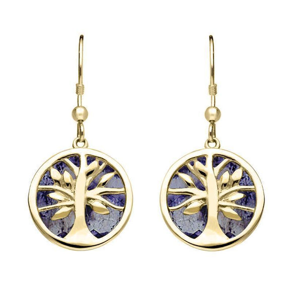 9ct Yellow Gold Blue John Round Tree of Life Drop Earrings E2485