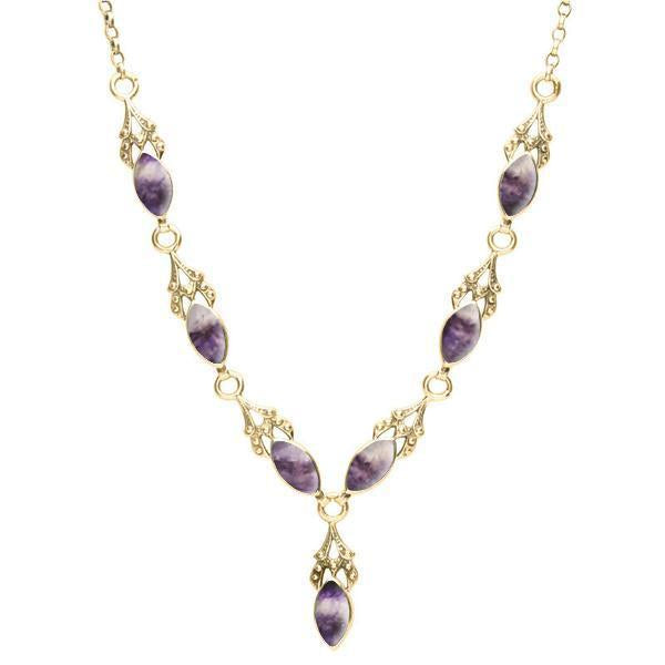 9ct Yellow Gold Blue John Seven Stone Marquise Necklace. N159.