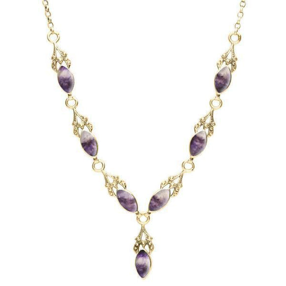 9ct Yellow Gold Blue John Seven Stone Marquise Necklace. N159.