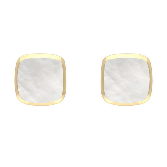 9ct Yellow Gold Mother of Pearl Dinky Cushion Stud Earrings. E335.