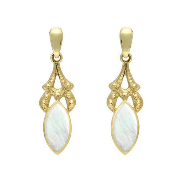 9ct Yellow Gold Mother of Pearl Marquise Drop Earrings. E075.