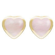 9ct Yellow Gold Pink Mother Of Pearl Large Framed Heart Stud Earrings. E433.